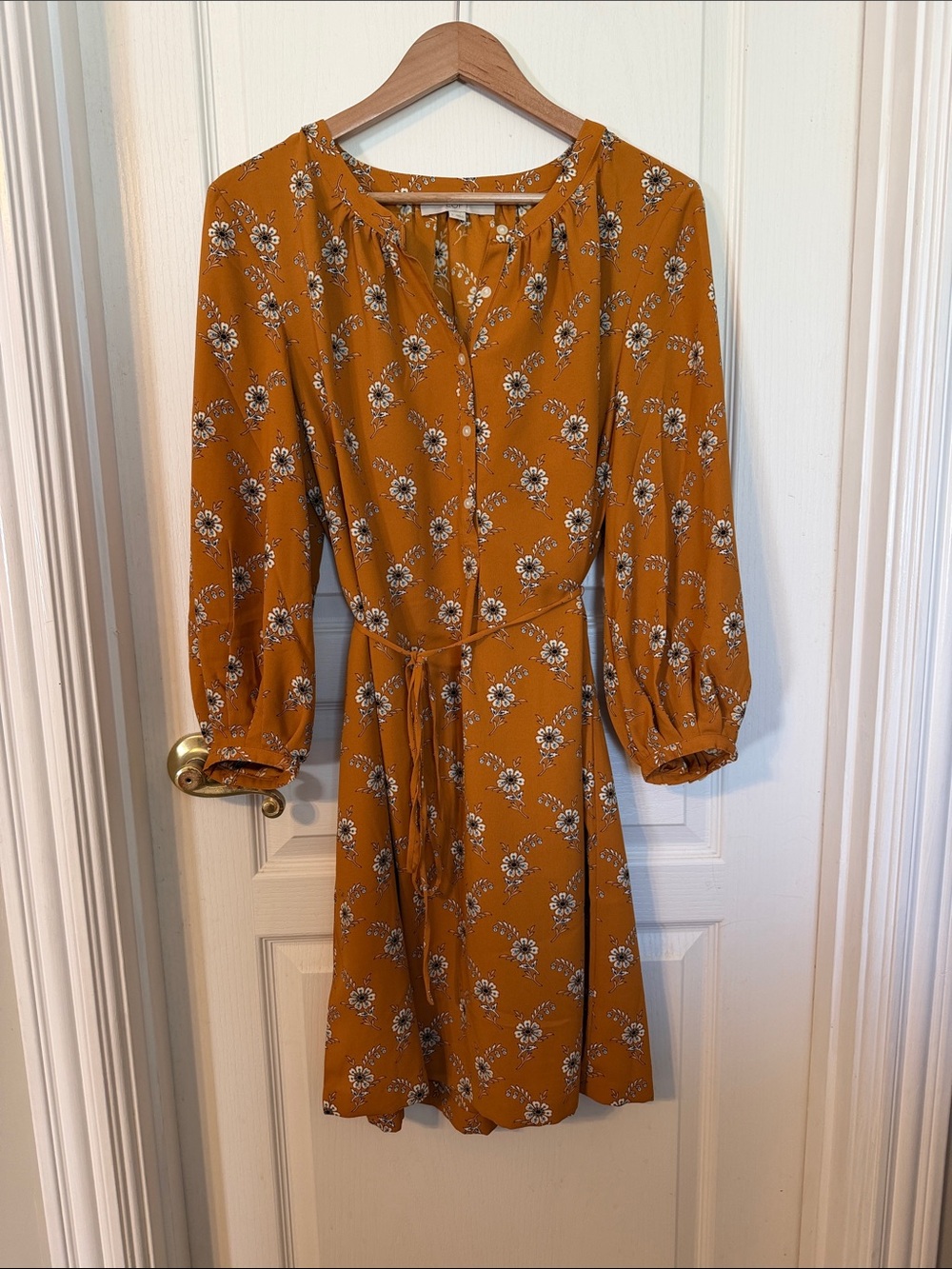 LOFT Mustard Floral Long Sleeve Dress with Tie Waist